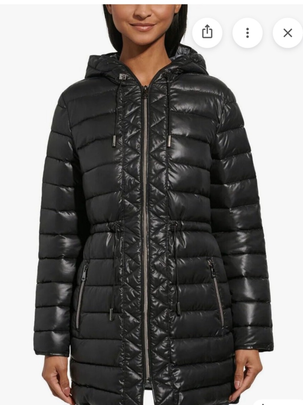 New with Tags! Kenneth Cole Shiny Black Quilted Hooded Long Puffer